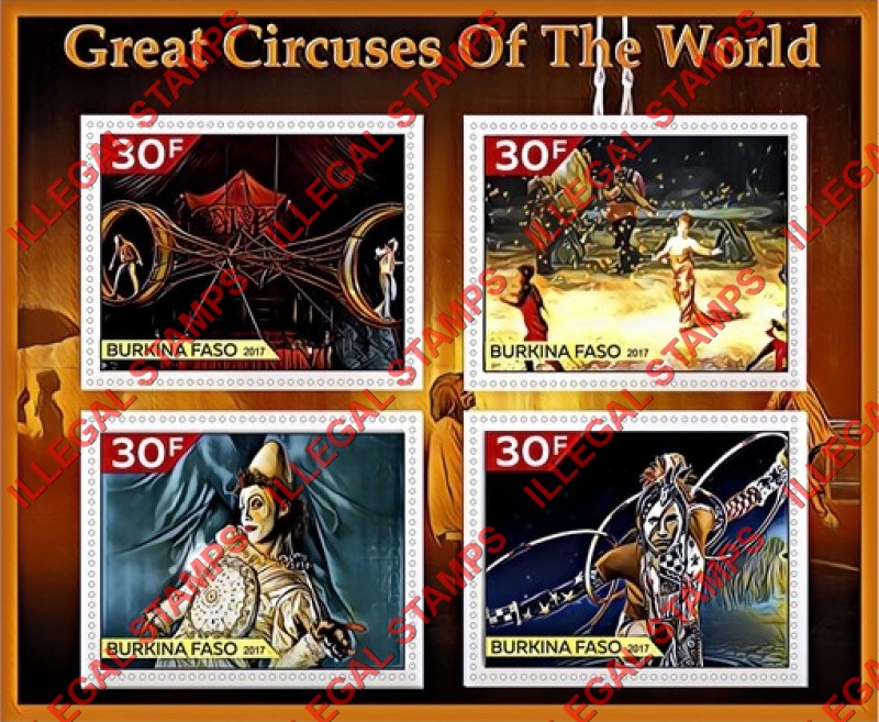 Burkina Faso 2017 Great Circuses of the World Circus du Soleil Illegal Stamp Souvenir Sheet of 4 Burkina Faso 2017 Great Circuses of the World Circus du Soleil Illegal Stamp Souvenir Sheet of 4