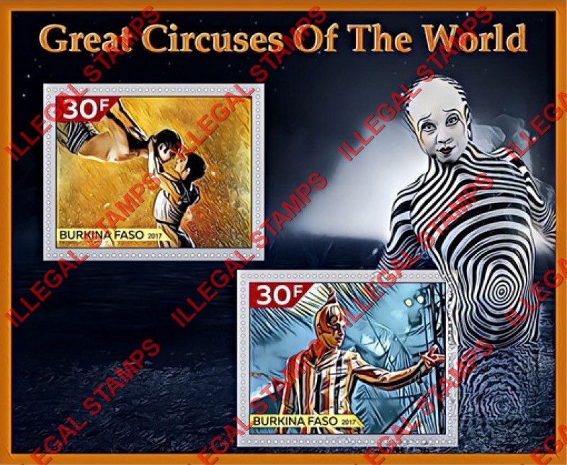 Burkina Faso 2017 Great Circuses of the World Circus du Soleil Illegal Stamp Souvenir Sheet of 2 Burkina Faso 2017 Great Circuses of the World Circus du Soleil Illegal Stamp Souvenir Sheet of 2