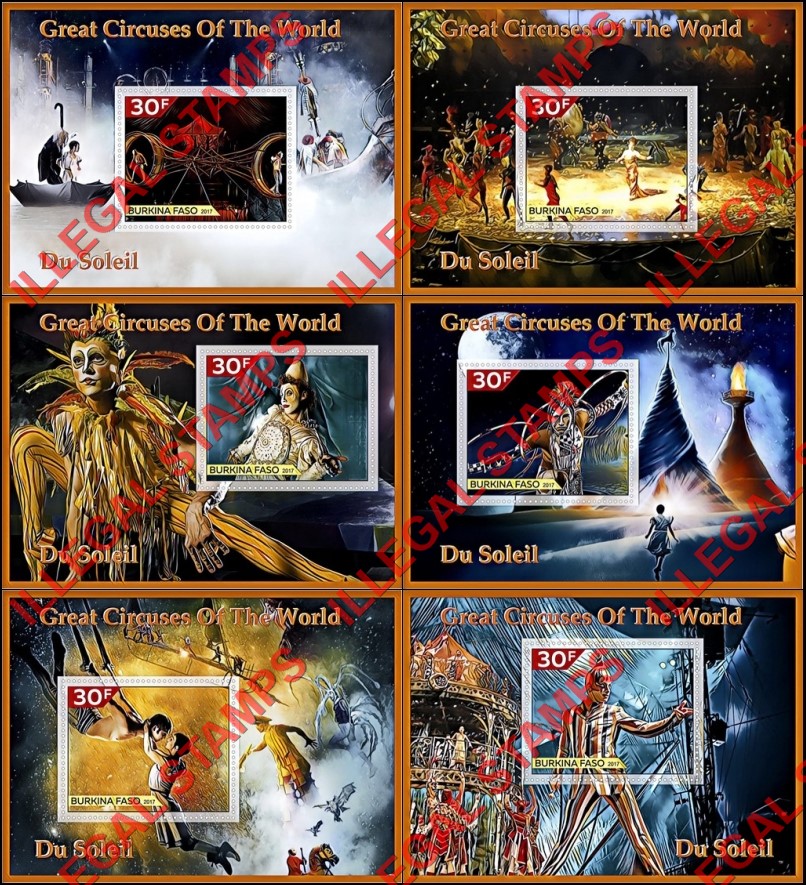 Burkina Faso 2017 Great Circuses of the World Circus du Soleil Illegal Stamp Souvenir Sheets of 1 Burkina Faso 2017 Great Circuses of the World Circus du Soleil Illegal Stamp Souvenir Sheets of 1