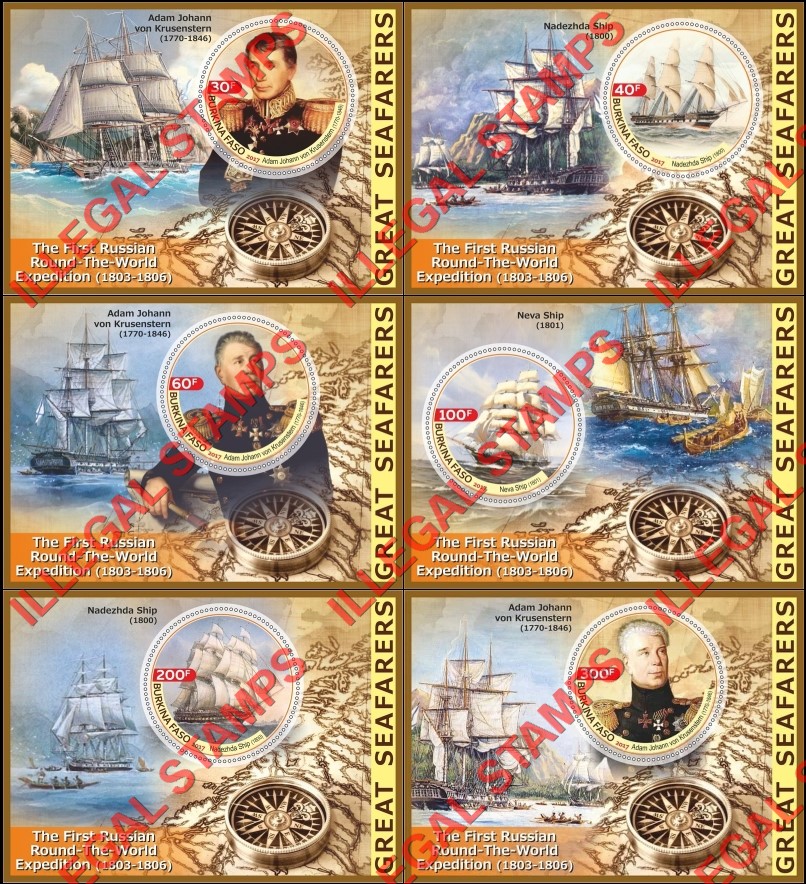 Burkina Faso 2017 Great Seafarers First Russian Round the World Expedition Illegal Stamp Souvenir Sheets of 1 Burkina Faso 2017 Great Seafarers First Russian Round the World Expedition Illegal Stamp Souvenir Sheets of 1