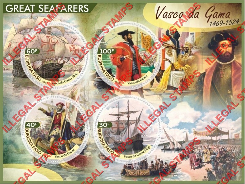 Burkina Faso 2017 Great Seafarers Vasco da Gama Illegal Stamp Souvenir Sheet of 4 Burkina Faso 2017 Great Seafarers Vasco da Gama Illegal Stamp Souvenir Sheet of 4