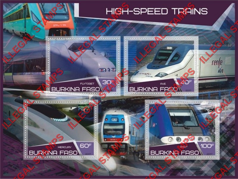 Burkina Faso 2017 High Speed Trains Illegal Stamp Souvenir Sheet of 4 Burkina Faso 2017 High Speed Trains Illegal Stamp Souvenir Sheet of 4