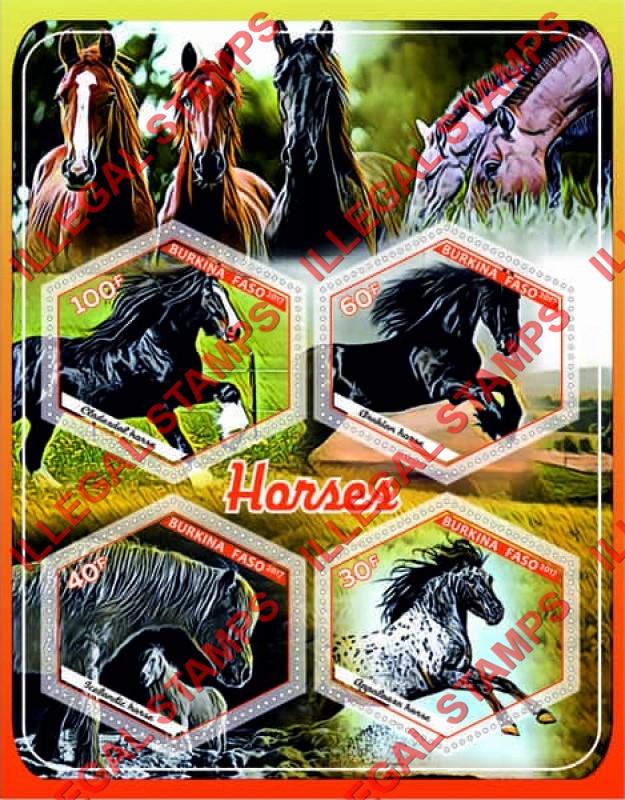 Burkina Faso 2017 Horses Illegal Stamp Souvenir Sheet of 4 Burkina Faso 2017 Horses Illegal Stamp Souvenir Sheet of 4