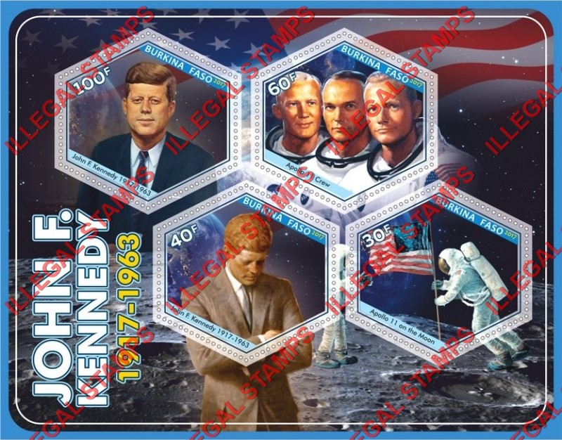 Burkina Faso 2017 John F. Kennedy and Apollo 11 Illegal Stamp Souvenir Sheet of 4 Burkina Faso 2017 John F. Kennedy and Apollo 11 Illegal Stamp Souvenir Sheet of 4