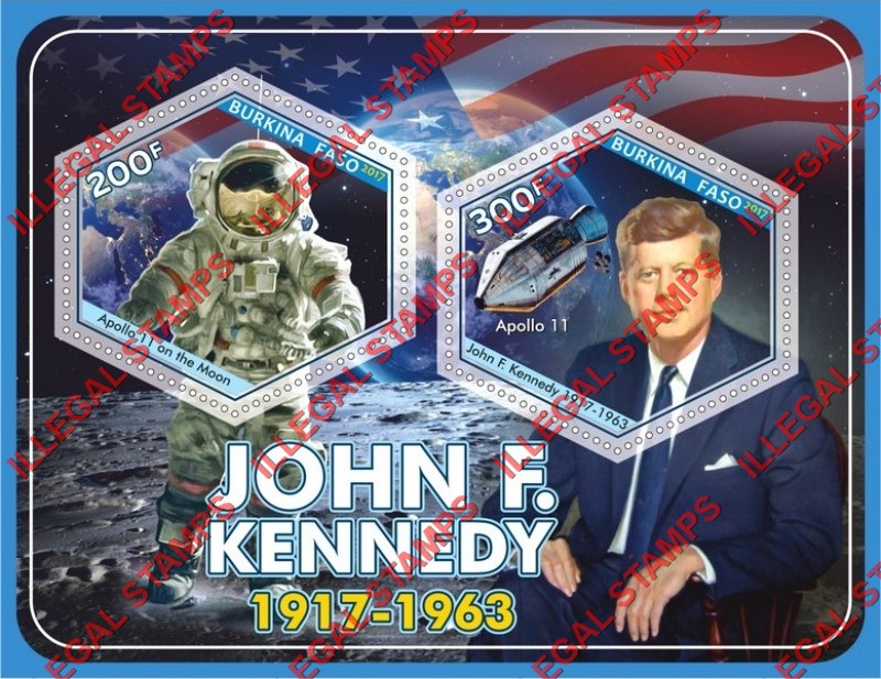 Burkina Faso 2017 John F. Kennedy and Apollo 11 Illegal Stamp Souvenir Sheet of 2 Burkina Faso 2017 John F. Kennedy and Apollo 11 Illegal Stamp Souvenir Sheet of 2