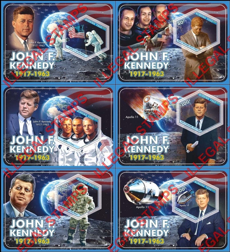 Burkina Faso 2017 John F. Kennedy and Apollo 11 Illegal Stamp Souvenir Sheets of 1 Burkina Faso 2017 John F. Kennedy and Apollo 11 Illegal Stamp Souvenir Sheets of 1