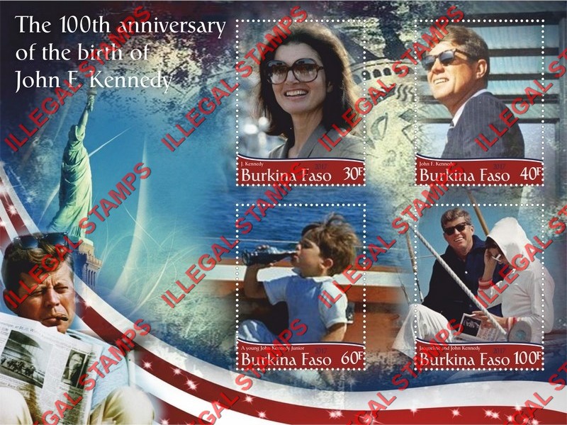 Burkina Faso 2017 John F. Kennedy 100th Birth Anniversary Illegal Stamp Souvenir Sheet of 4 Burkina Faso 2017 John F. Kennedy 100th Birth Anniversary Illegal Stamp Souvenir Sheet of 4
