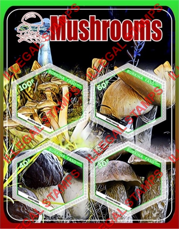 Burkina Faso 2017 Mushrooms Illegal Stamp Souvenir Sheet of 4 Burkina Faso 2017 Mushrooms Illegal Stamp Souvenir Sheet of 4