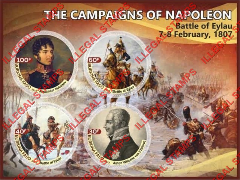 Burkina Faso 2017 Napoleon Campaigns Battle of Eylau Illegal Stamp Souvenir Sheet of 4 Burkina Faso 2017 Napoleon Campaigns Battle of Eylau Illegal Stamp Souvenir Sheet of 4