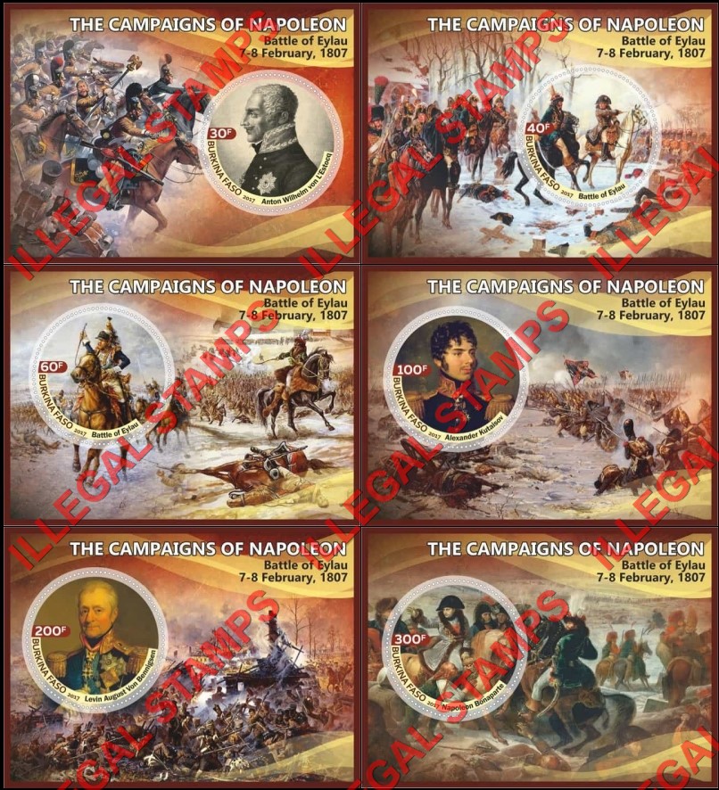 Burkina Faso 2017 Napoleon Campaigns Battle of Eylau Illegal Stamp Souvenir Sheets of 1 Burkina Faso 2017 Napoleon Campaigns Battle of Eylau Illegal Stamp Souvenir Sheets of 1