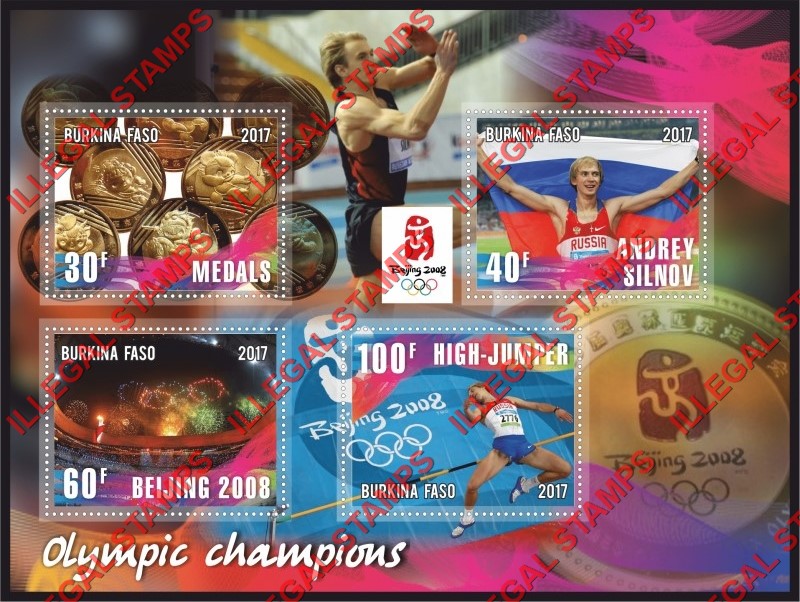 Burkina Faso 2017 Olympic Champions in Beijing 2008 High-jumper Andrey Silnov Illegal Stamp Souvenir Sheet of 4 Burkina Faso 2017 Olympic Champions in Beijing 2008 High-jumper Andrey Silnov Illegal Stamp Souvenir Sheet of 4