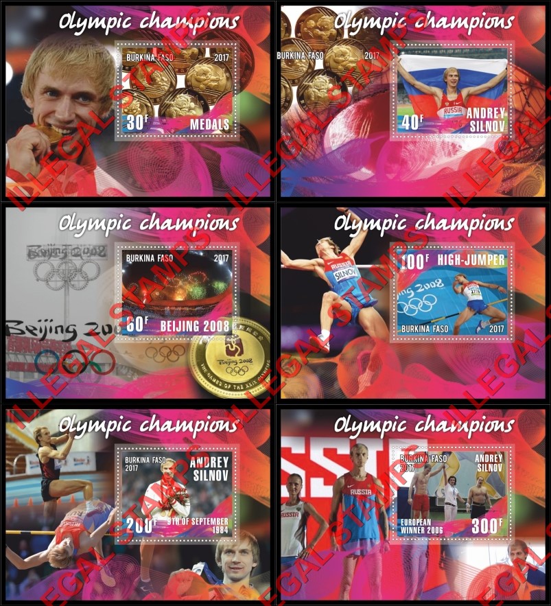 Burkina Faso 2017 Olympic Champions in Beijing 2008 High-jumper Andrey Silnov Illegal Stamp Souvenir Sheets of 1 Burkina Faso 2017 Olympic Champions in Beijing 2008 High-jumper Andrey Silnov Illegal Stamp Souvenir Sheets of 1