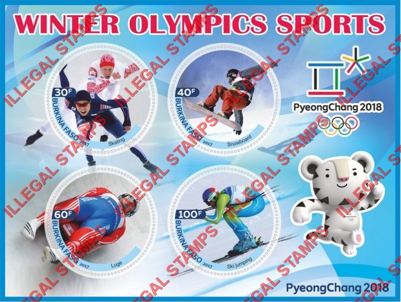Burkina Faso 2017 Olympic Games in PyeongChang in 2018 Winter Olympic Sports Illegal Stamp Souvenir Sheet of 4 Burkina Faso 2017 Olympic Games in PyeongChang in 2018 Winter Olympic Sports Illegal Stamp Souvenir Sheet of 4