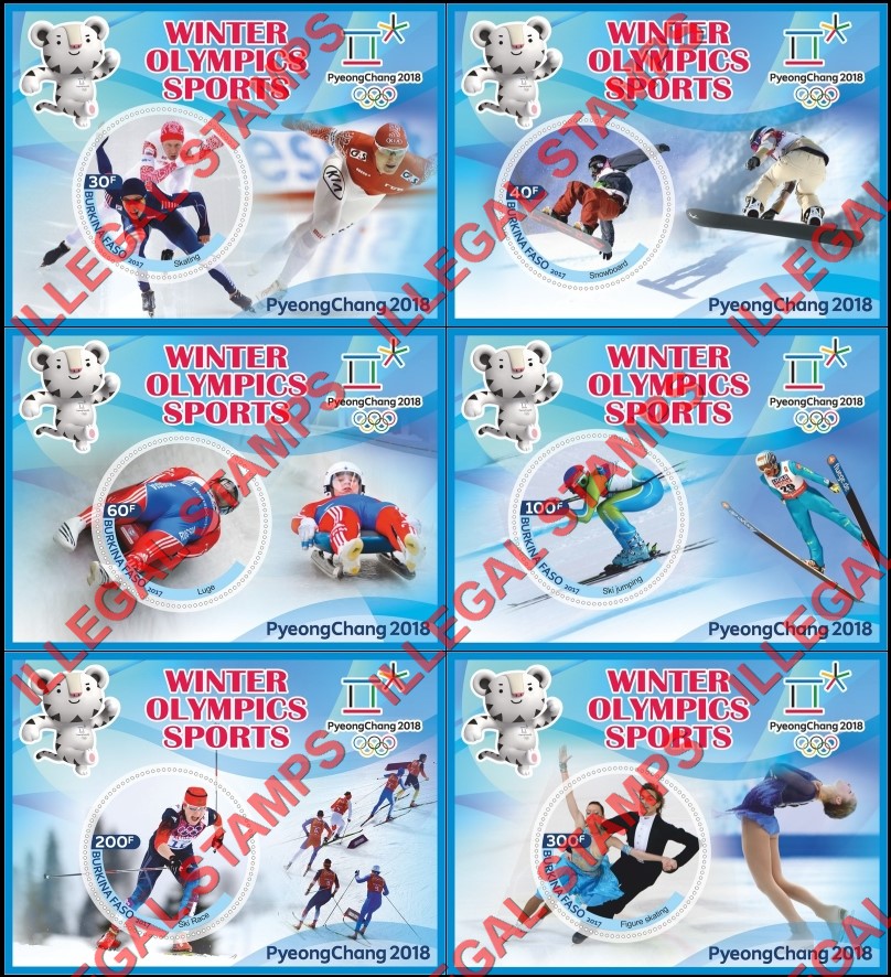 Burkina Faso 2017 Olympic Games in PyeongChang in 2018 Winter Olympic Sports Illegal Stamp Souvenir Sheets of 1 Burkina Faso 2017 Olympic Games in PyeongChang in 2018 Winter Olympic Sports Illegal Stamp Souvenir Sheets of 1