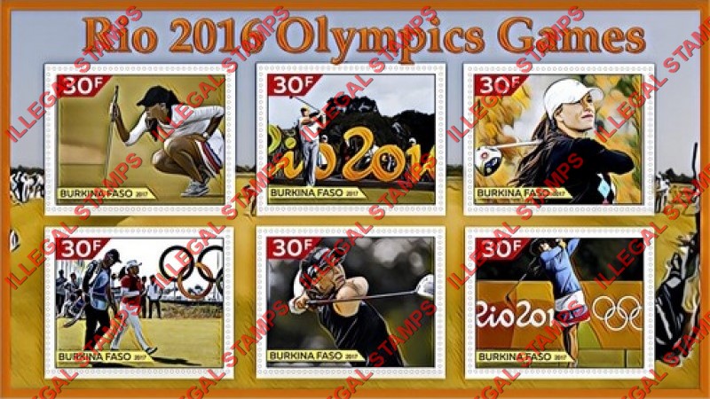 Burkina Faso 2017 Olympic Games in Rio in 2016 Golf Illegal Stamp Souvenir Sheet of 6 Burkina Faso 2017 Olympic Games in Rio in 2016 Golf Illegal Stamp Souvenir Sheet of 6