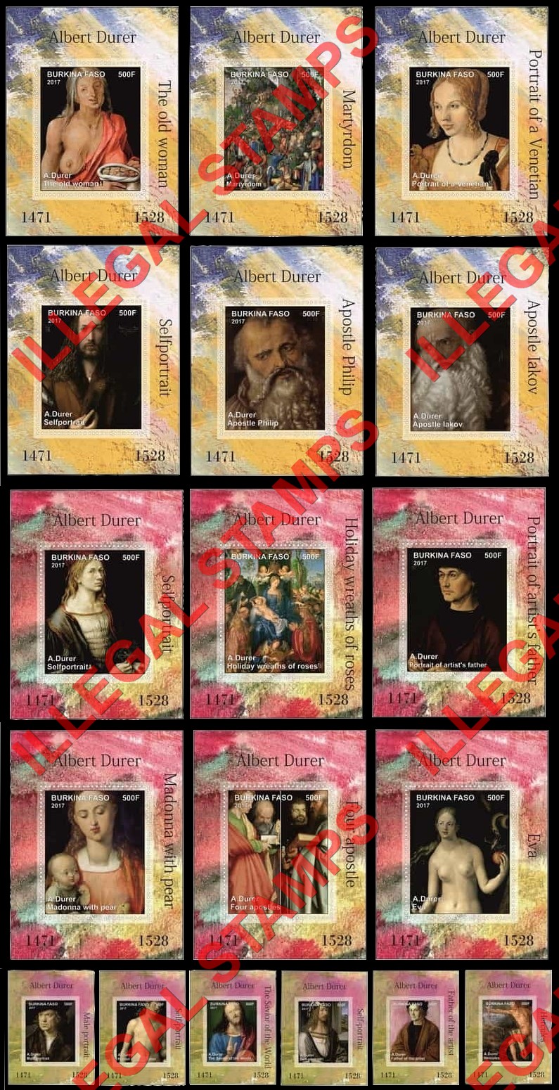 Burkina Faso 2017 Paintings by Albrecht Durer Illegal Stamp Deluxe Souvenir Sheets of 1 Burkina Faso 2017 Paintings by Albrecht Durer Illegal Stamp Deluxe Souvenir Sheets of 1