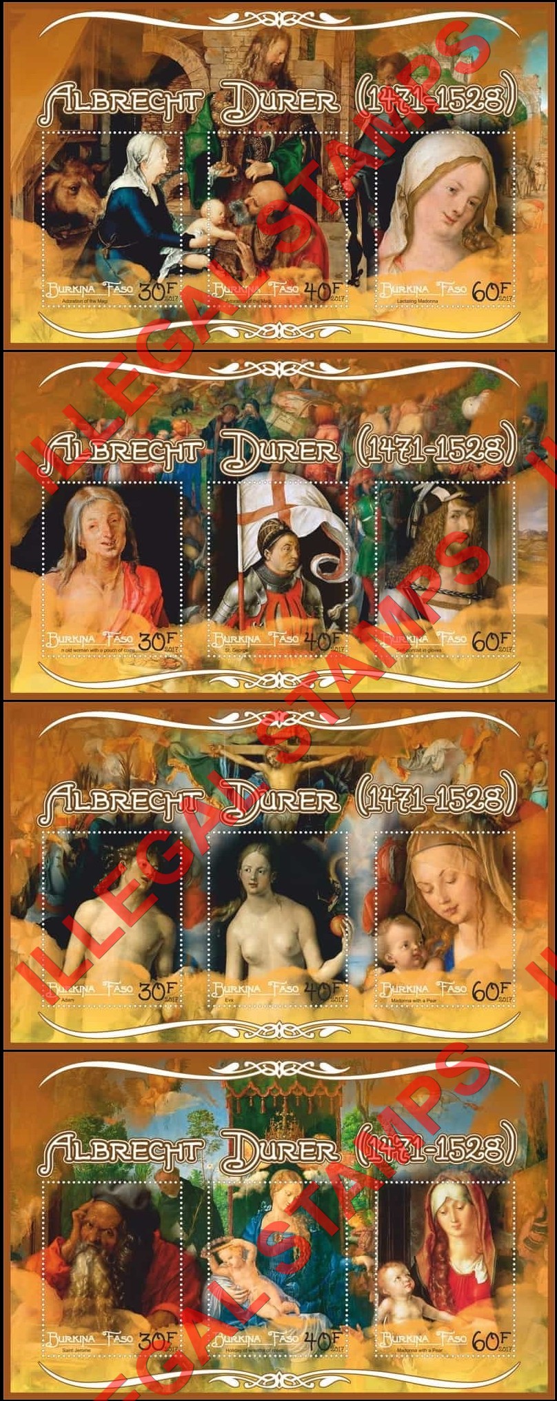 Burkina Faso 2017 Paintings by Albrecht Durer Illegal Stamp Souvenir Sheets of 3 Burkina Faso 2017 Paintings by Albrecht Durer Illegal Stamp Souvenir Sheets of 3