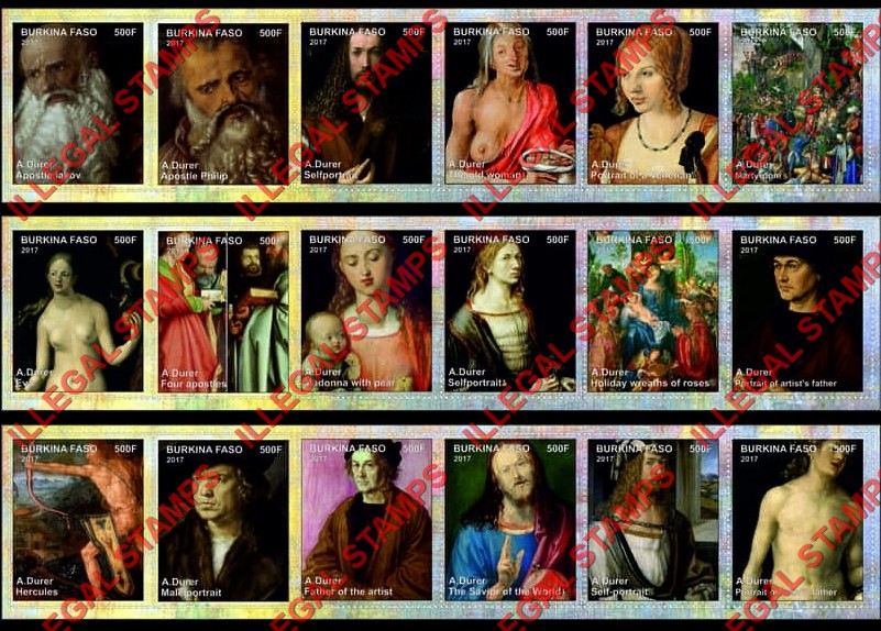 Burkina Faso 2017 Paintings by Albrecht Durer Illegal Stamp Strips of 6 Burkina Faso 2017 Paintings by Albrecht Durer Illegal Stamp Strips of 6