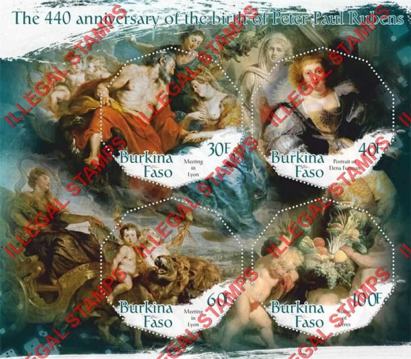 Burkina Faso 2017 Paintings by Peter Paul Rubens (different) Illegal Stamp Souvenir Sheet of 4 Burkina Faso 2017 Paintings by Peter Paul Rubens (different) Illegal Stamp Souvenir Sheet of 4