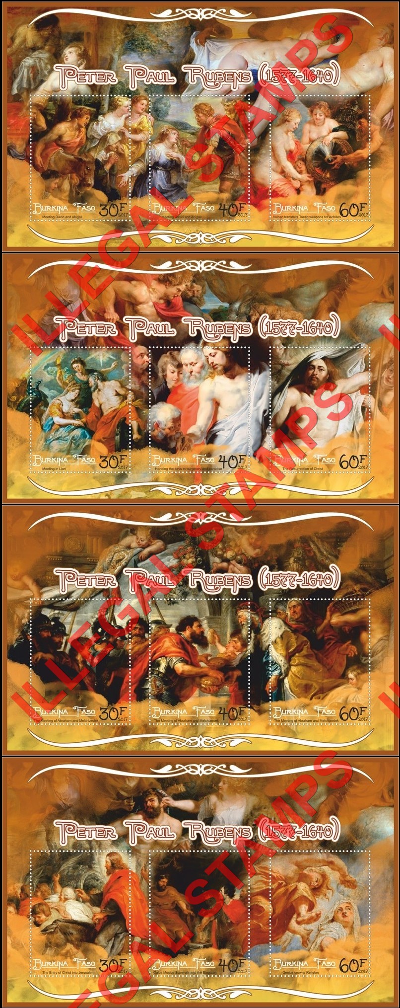 Burkina Faso 2017 Paintings by Peter Paul Rubens Illegal Stamp Souvenir Sheets of 3 Burkina Faso 2017 Paintings by Peter Paul Rubens Illegal Stamp Souvenir Sheets of 3