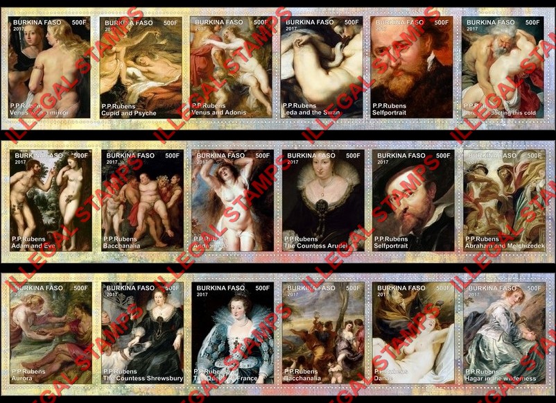 Burkina Faso 2017 Paintings by Peter Paul Rubens Illegal Stamp Strips of 6 Burkina Faso 2017 Paintings by Peter Paul Rubens Illegal Stamp Strips of 6