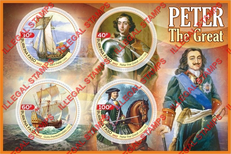 Burkina Faso 2017 Peter the Great Illegal Stamp Souvenir Sheet of 4 Burkina Faso 2017 Peter the Great Illegal Stamp Souvenir Sheet of 4