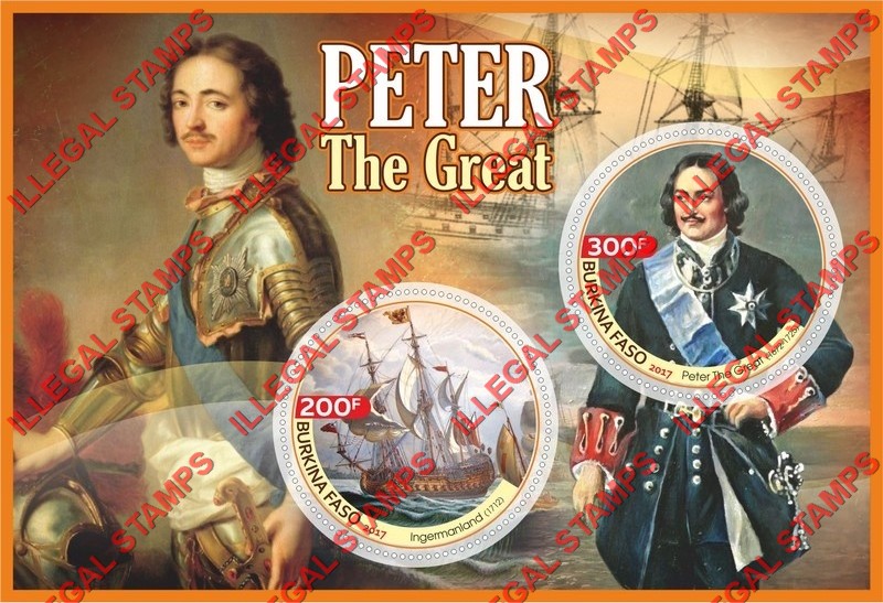 Burkina Faso 2017 Peter the Great Illegal Stamp Souvenir Sheet of 2 Burkina Faso 2017 Peter the Great Illegal Stamp Souvenir Sheet of 2