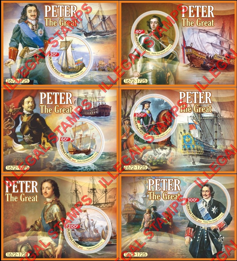 Burkina Faso 2017 Peter the Great Illegal Stamp Souvenir Sheets of 1 Burkina Faso 2017 Peter the Great Illegal Stamp Souvenir Sheets of 1