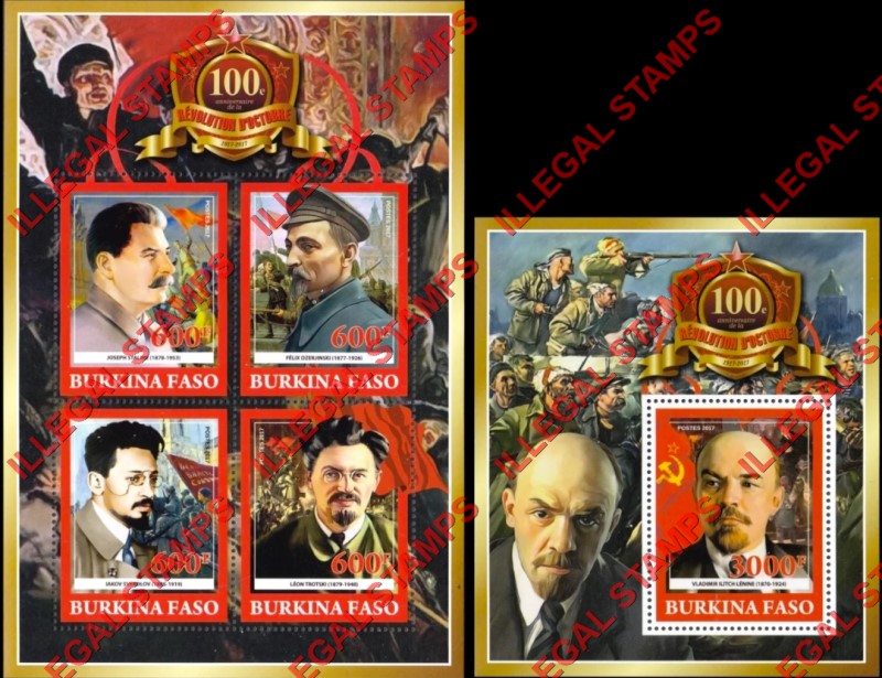 Burkina Faso 2017 Russian Revolution Illegal Stamp Souvenir Sheets of 4 and 1 Burkina Faso 2017 Russian Revolution Illegal Stamp Souvenir Sheets of 4 and 1