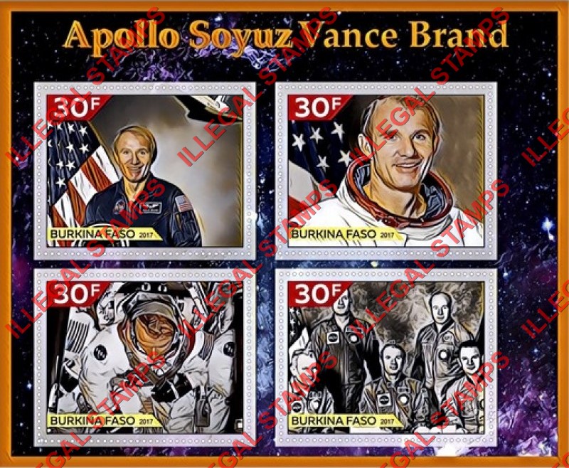 Burkina Faso 2017 Space Apollo Soyuz Vance Brand Illegal Stamp Souvenir Sheet of 4 Burkina Faso 2017 Space Apollo Soyuz Vance Brand Illegal Stamp Souvenir Sheet of 4