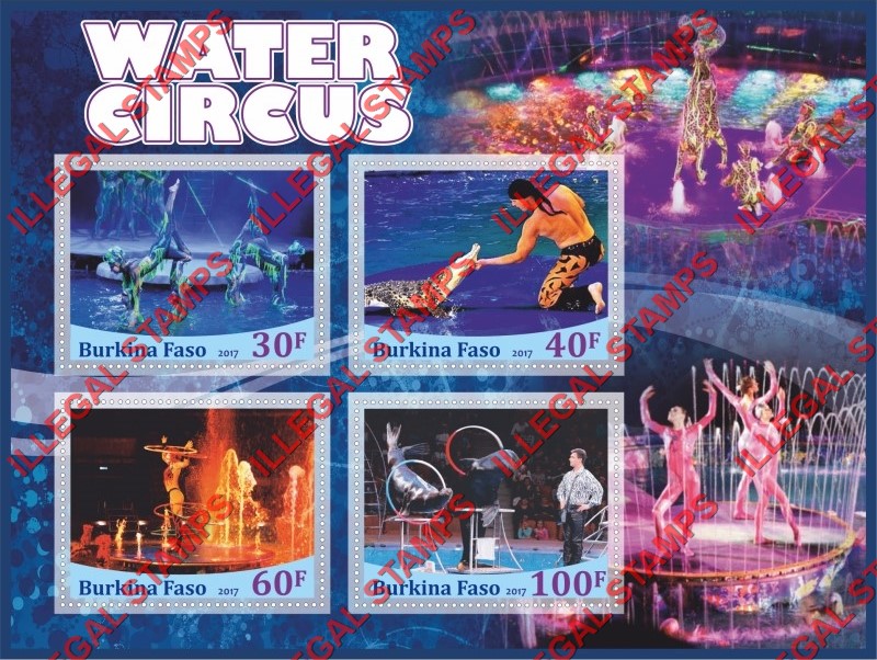 Burkina Faso 2017 Water Circus Illegal Stamp Souvenir Sheet of 4 Burkina Faso 2017 Water Circus Illegal Stamp Souvenir Sheet of 4