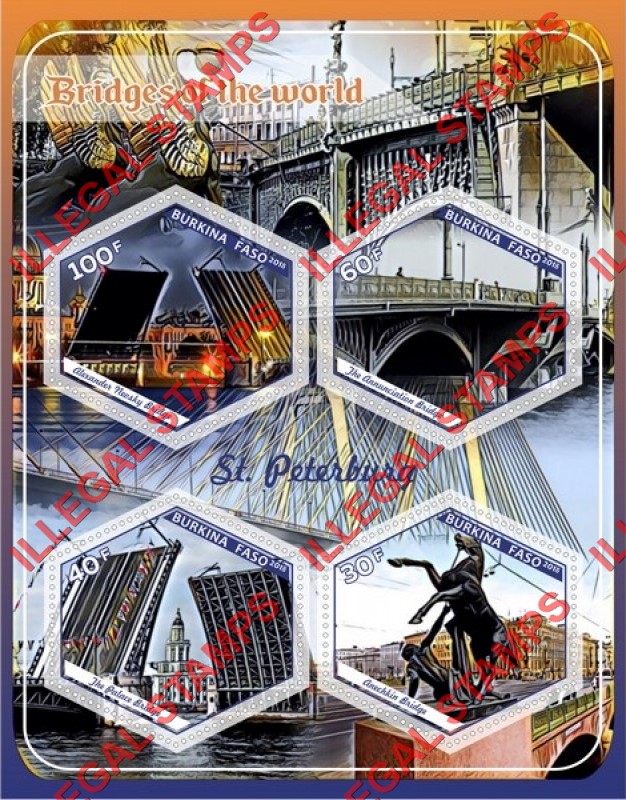 Burkina Faso 2018 Bridges of the World Illegal Stamp Souvenir Sheet of 4