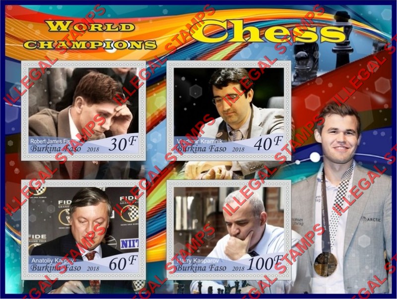 Burkina Faso 2018 Chess World Champions Illegal Stamp Souvenir Sheet of 4