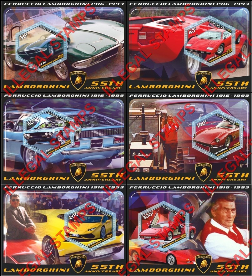 Burkina Faso 2018 Lamborghini Illegal Stamp Souvenir Sheets of 1