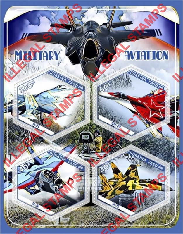 Burkina Faso 2018 Military Aviation (different) Illegal Stamp Souvenir Sheet of 4