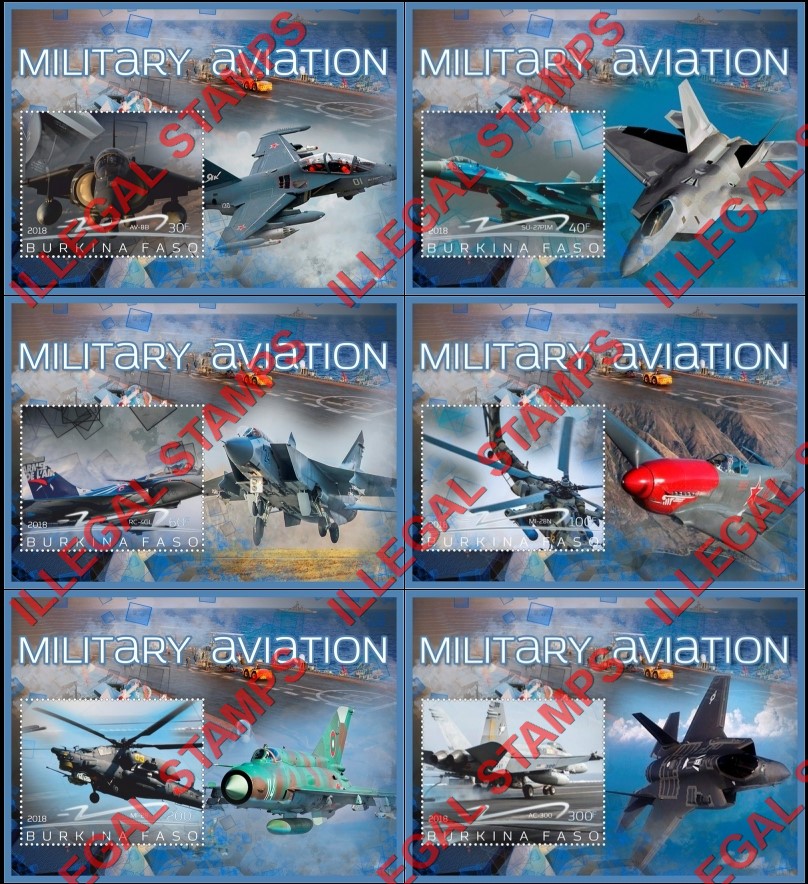 Burkina Faso 2018 Military Aviation Illegal Stamp Souvenir Sheets of 1