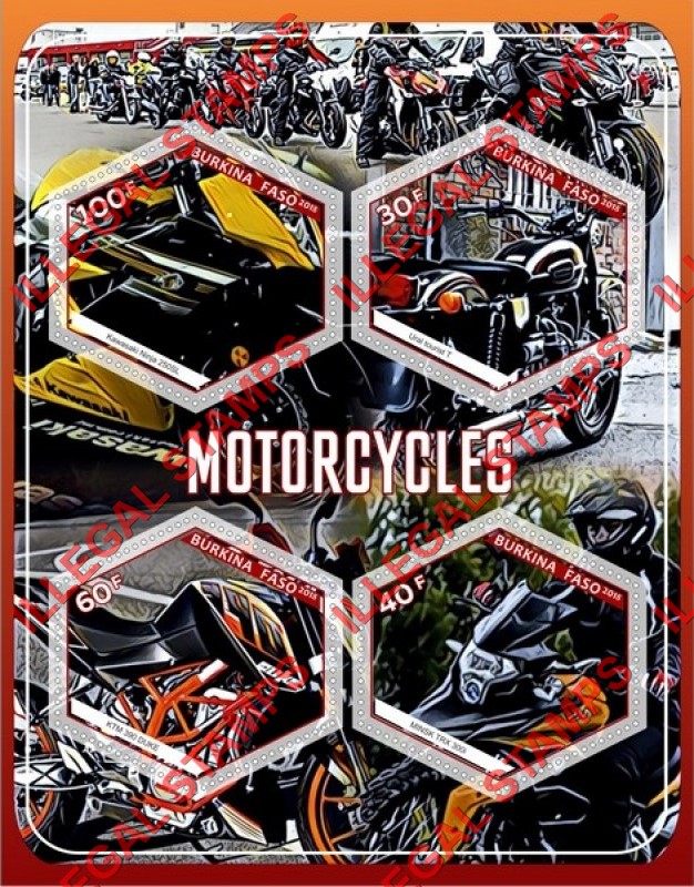 Burkina Faso 2018 Motorcycles Illegal Stamp Souvenir Sheet of 4
