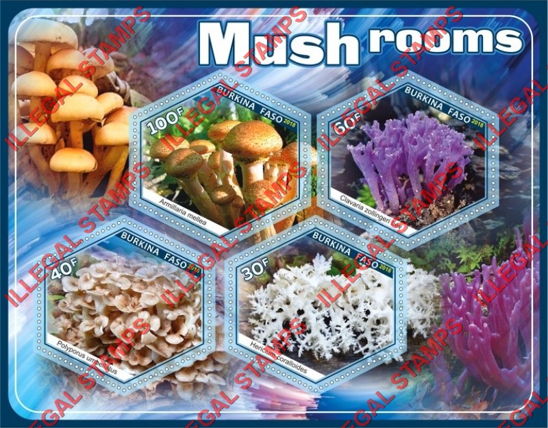 Burkina Faso 2018 Mushrooms (different) Illegal Stamp Souvenir Sheet of 4