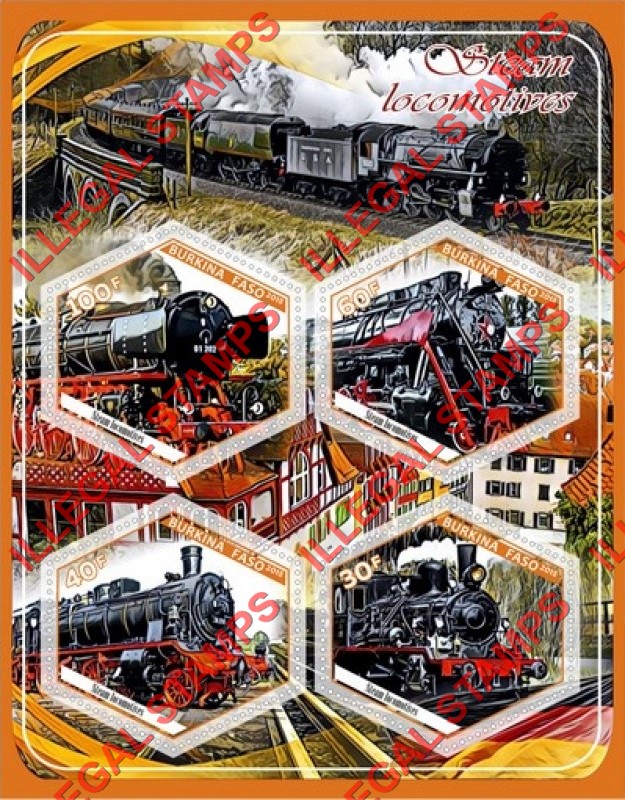 Burkina Faso 2018 Steam Locomotives Illegal Stamp Souvenir Sheet of 4