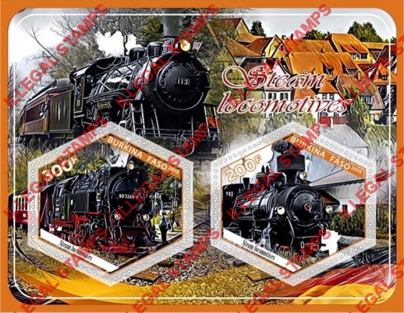 Burkina Faso 2018 Steam Locomotives Illegal Stamp Souvenir Sheet of 2