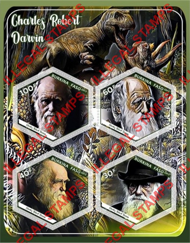 Burkina Faso 2019 Charles Darwin Dinosaurs Illegal Stamp Souvenir Sheet of 4
