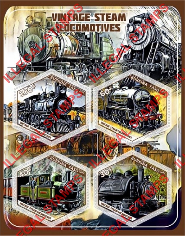Burkina Faso 2019 Vintage Steam Locomotives Illegal Stamp Souvenir Sheet of 4