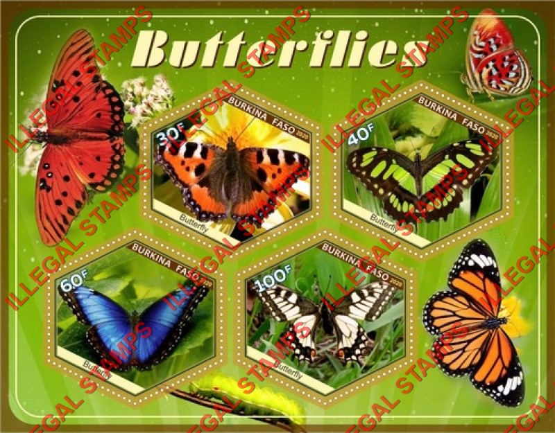 Burkina Faso 2020 Butterflies (different a) Illegal Stamp Souvenir Sheet of 4 Burkina Faso 2020 Butterflies (different a) Illegal Stamp Souvenir Sheet of 4