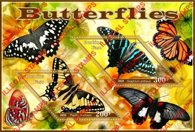 Burkina Faso 2020 Butterflies (different b) Illegal Stamp Souvenir Sheet of 2 Burkina Faso 2020 Butterflies (different b) Illegal Stamp Souvenir Sheet of 2