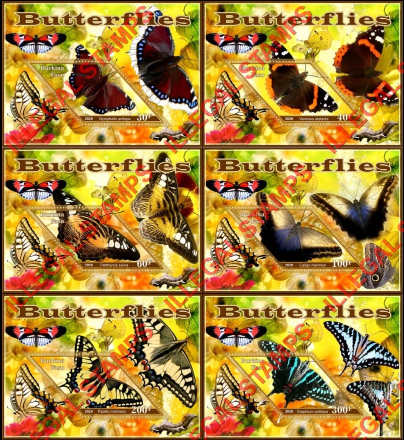 Burkina Faso 2020 Butterflies (different b) Illegal Stamp Souvenir Sheets of 1 Burkina Faso 2020 Butterflies (different b) Illegal Stamp Souvenir Sheets of 1