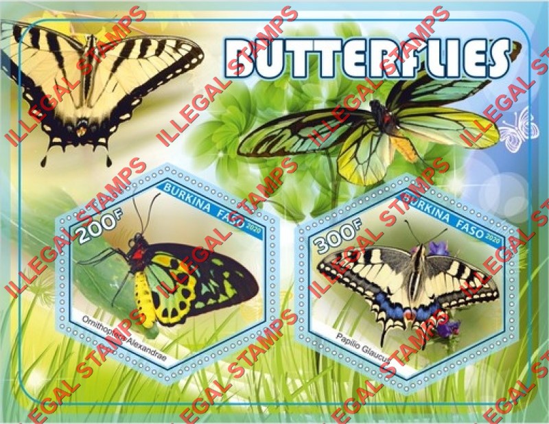Burkina Faso 2020 Butterflies Illegal Stamp Souvenir Sheet of 2 Burkina Faso 2020 Butterflies Illegal Stamp Souvenir Sheet of 2