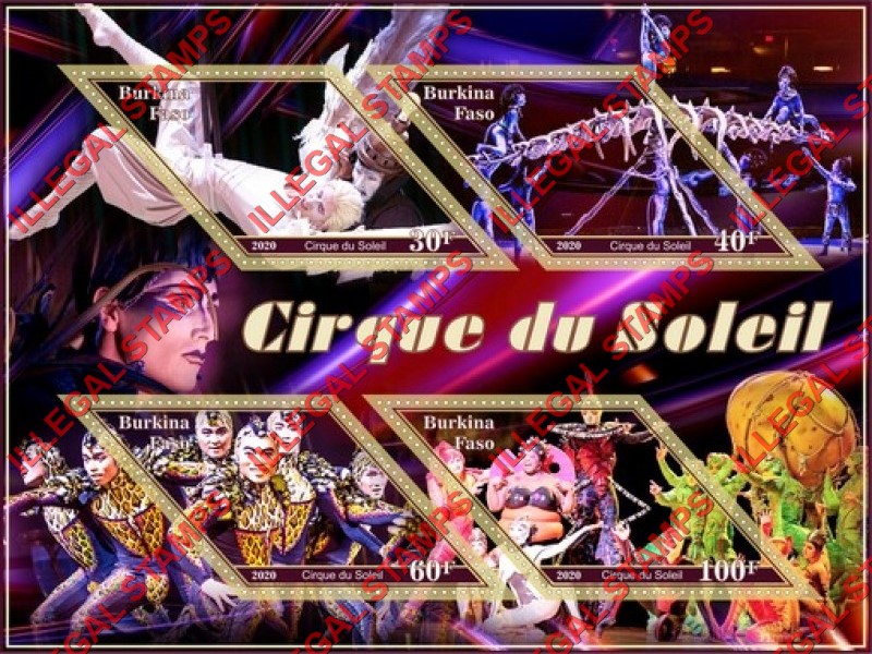 Burkina Faso 2020 Circus Cirque du Soleil Illegal Stamp Souvenir Sheet of 4 Burkina Faso 2020 Circus Cirque du Soleil Illegal Stamp Souvenir Sheet of 4