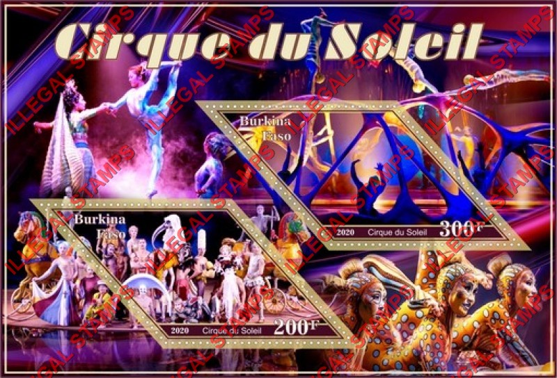 Burkina Faso 2020 Circus Cirque du Soleil Illegal Stamp Souvenir Sheet of 2 Burkina Faso 2020 Circus Cirque du Soleil Illegal Stamp Souvenir Sheet of 2
