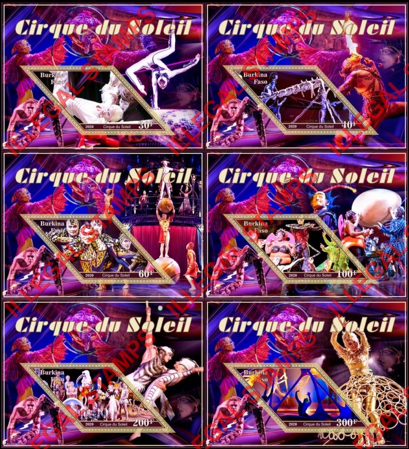 Burkina Faso 2020 Circus Cirque du Soleil Illegal Stamp Souvenir Sheets of 1 Burkina Faso 2020 Circus Cirque du Soleil Illegal Stamp Souvenir Sheets of 1