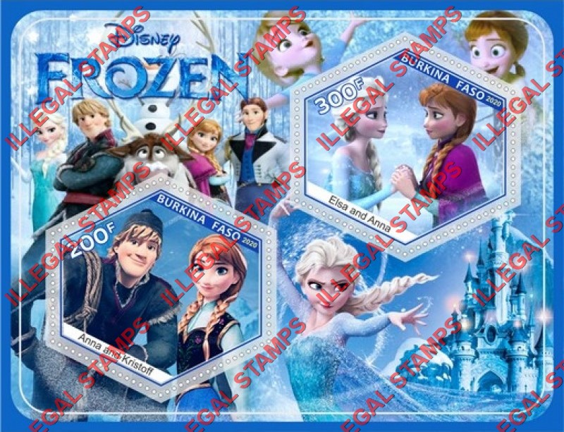 Burkina Faso 2020 Disney Frozen Illegal Stamp Souvenir Sheet of 2 Burkina Faso 2020 Disney Frozen Illegal Stamp Souvenir Sheet of 2